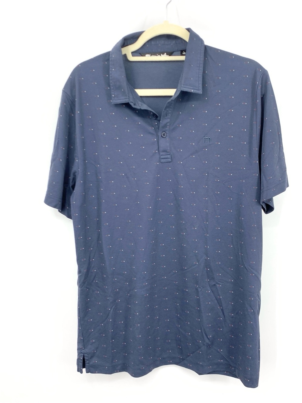Travis Mathew Men Size Large Shirt Golf Polo Short Sleeve Top Blue Print Cotton